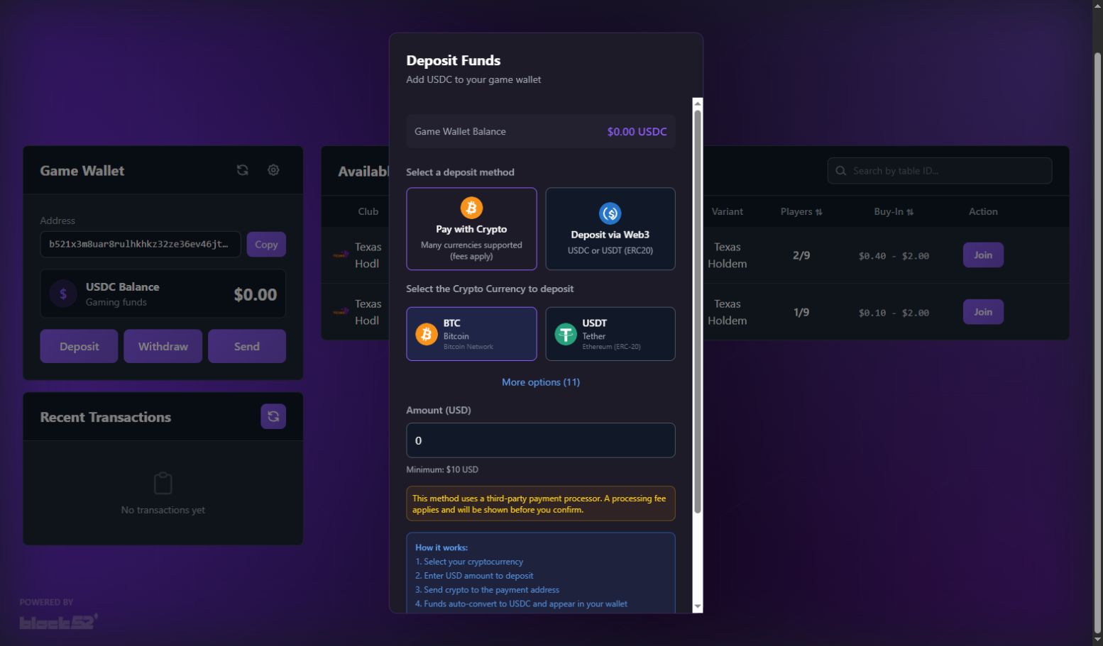 Texas HODL deposit funds modal