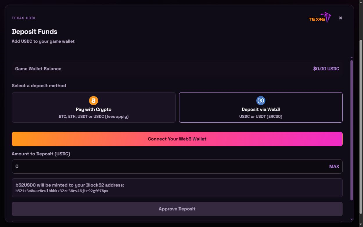 Texas HODL deposit funds modal