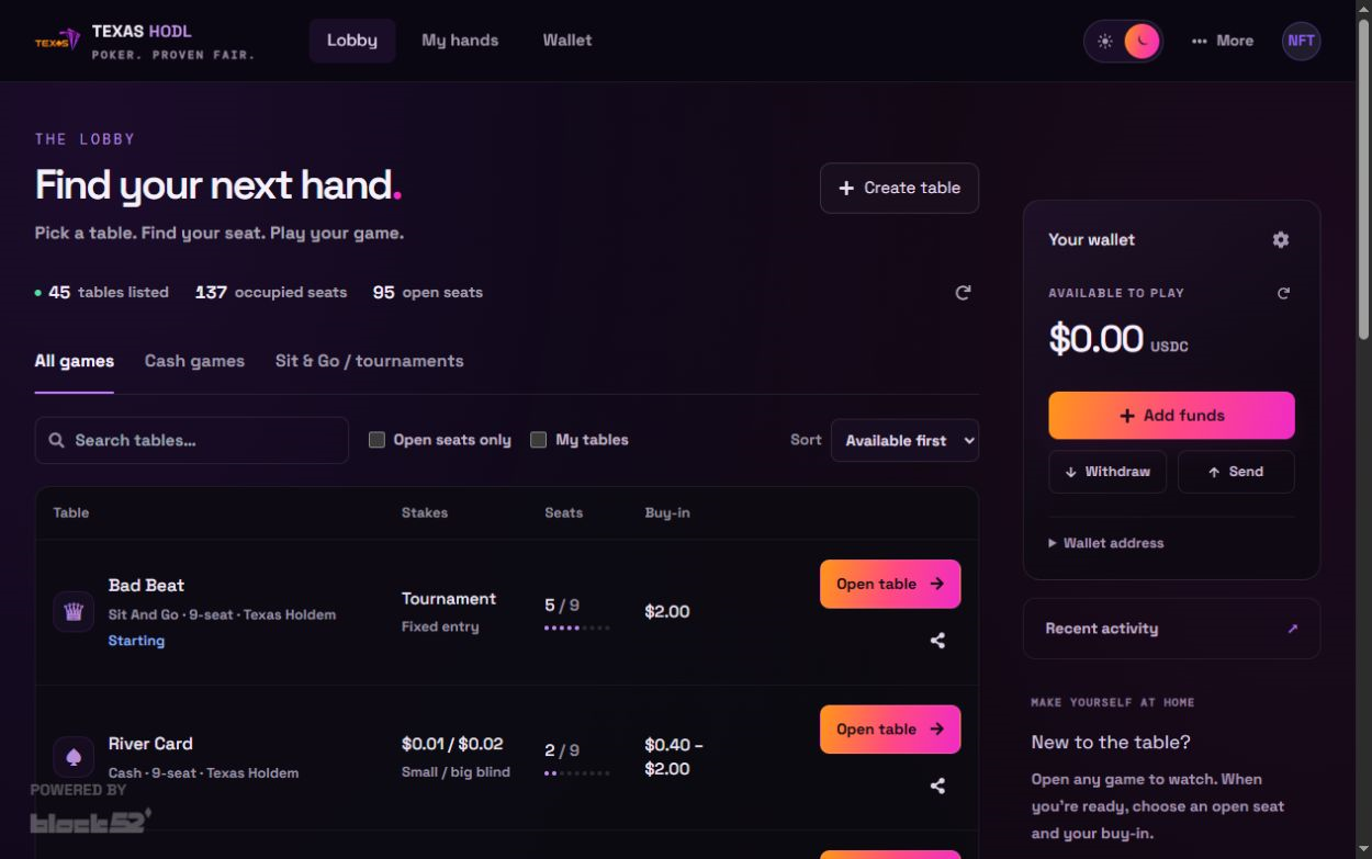 Live wallet and table lobby