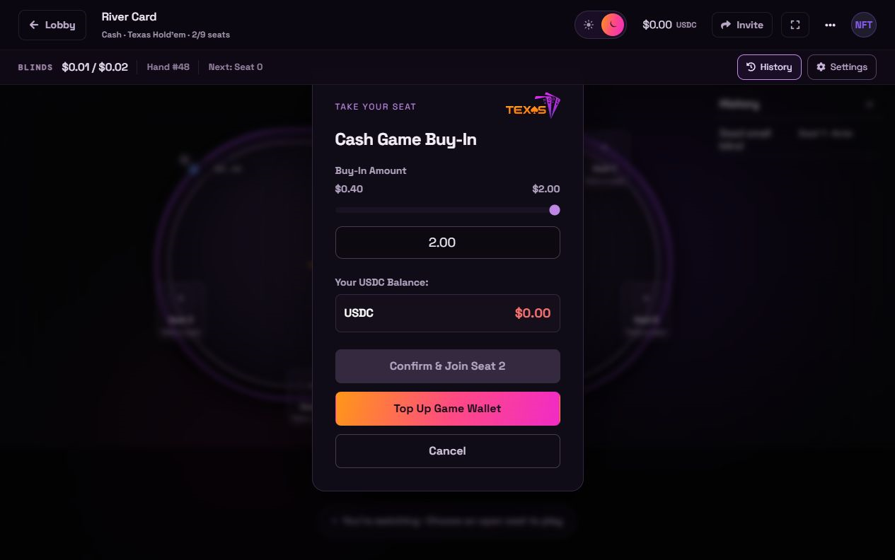 Full Texas HODL table with cash game buy-in modal