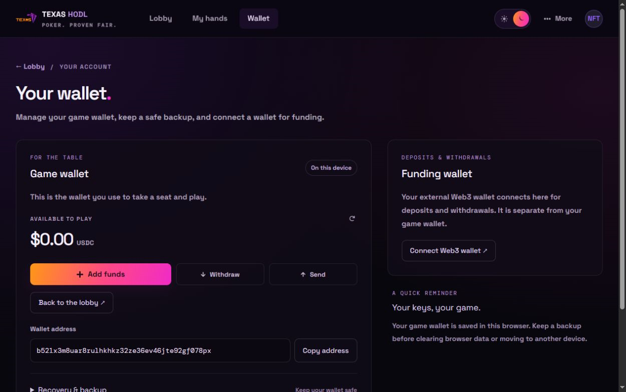Current game wallet and funding wallet screen; recovery details remain hidden