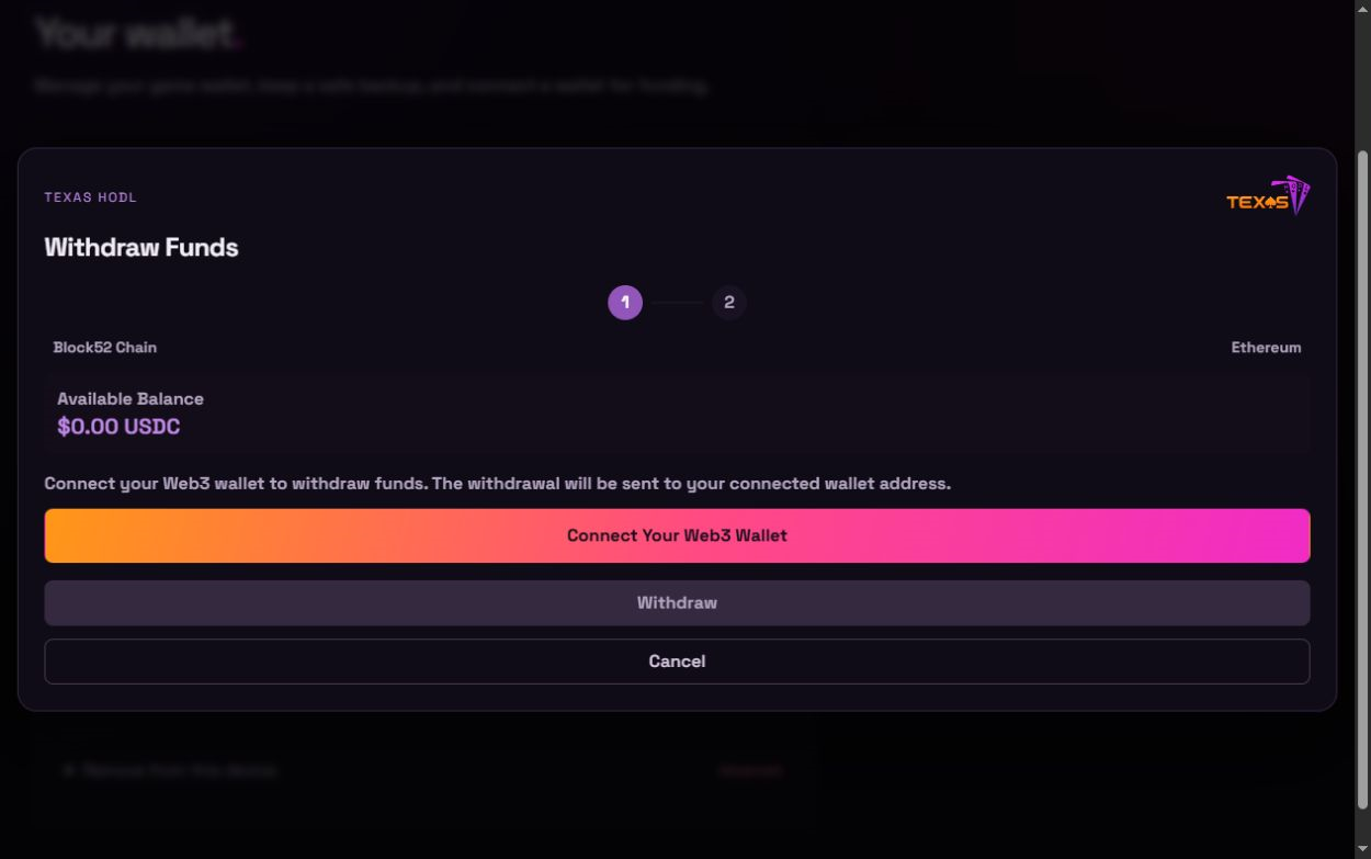 Texas HODL withdrawal modal
