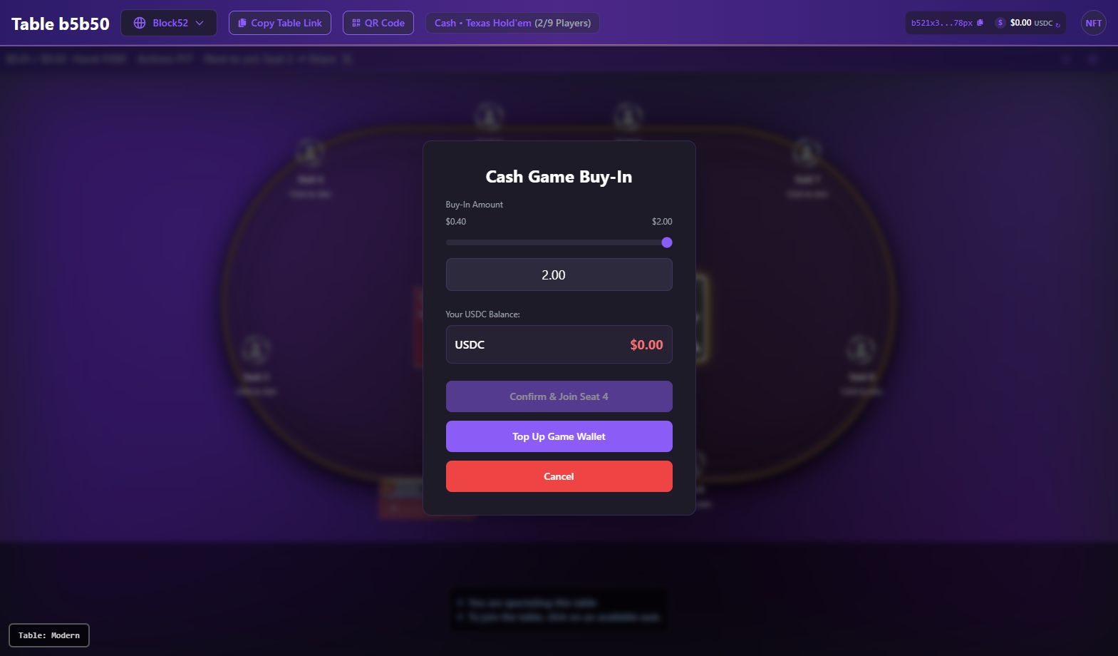 Full Texas HODL table with cash game buy-in modal