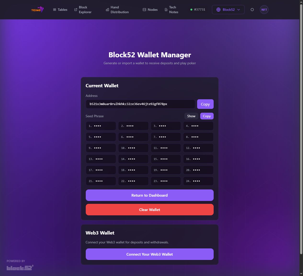 Block52 Wallet Manager with protected recovery phrase